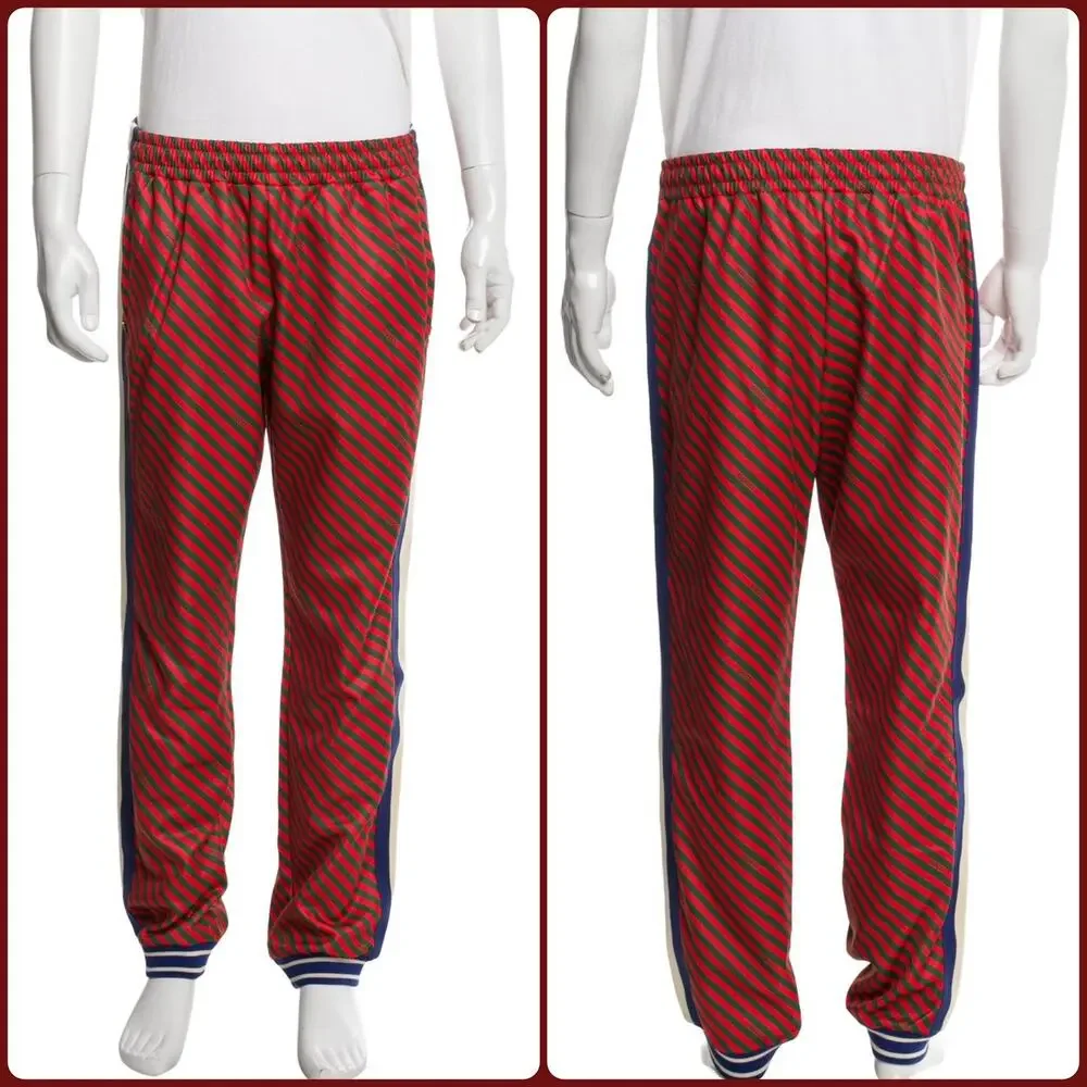 Gucci Diagonal Stripe Tech Jersey Track Pants Webbing Trim Red Green Mens Medium